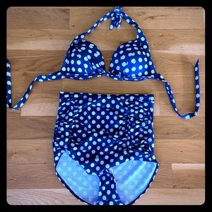 High waisted blue polka dot bikini
